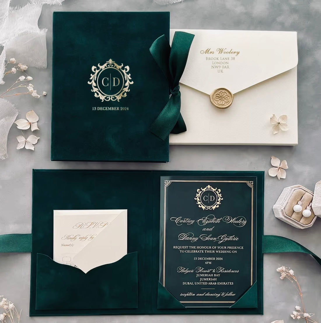 Custom Velvet Invitation Suite with Acrylic Card, Foil Monogram & RSVP Set – Luxury Wedding & Event Invitations