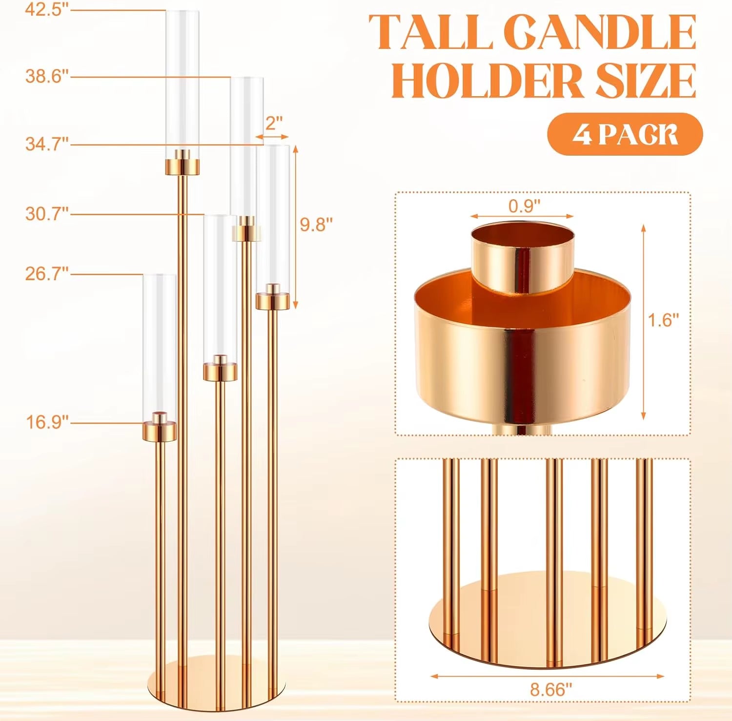 Floor Candelabra 5 Arm 42.5'' Tall Gold Candle Holder, Candelabra Centerpieces for Tables, Metal Candlestick Set with Acry