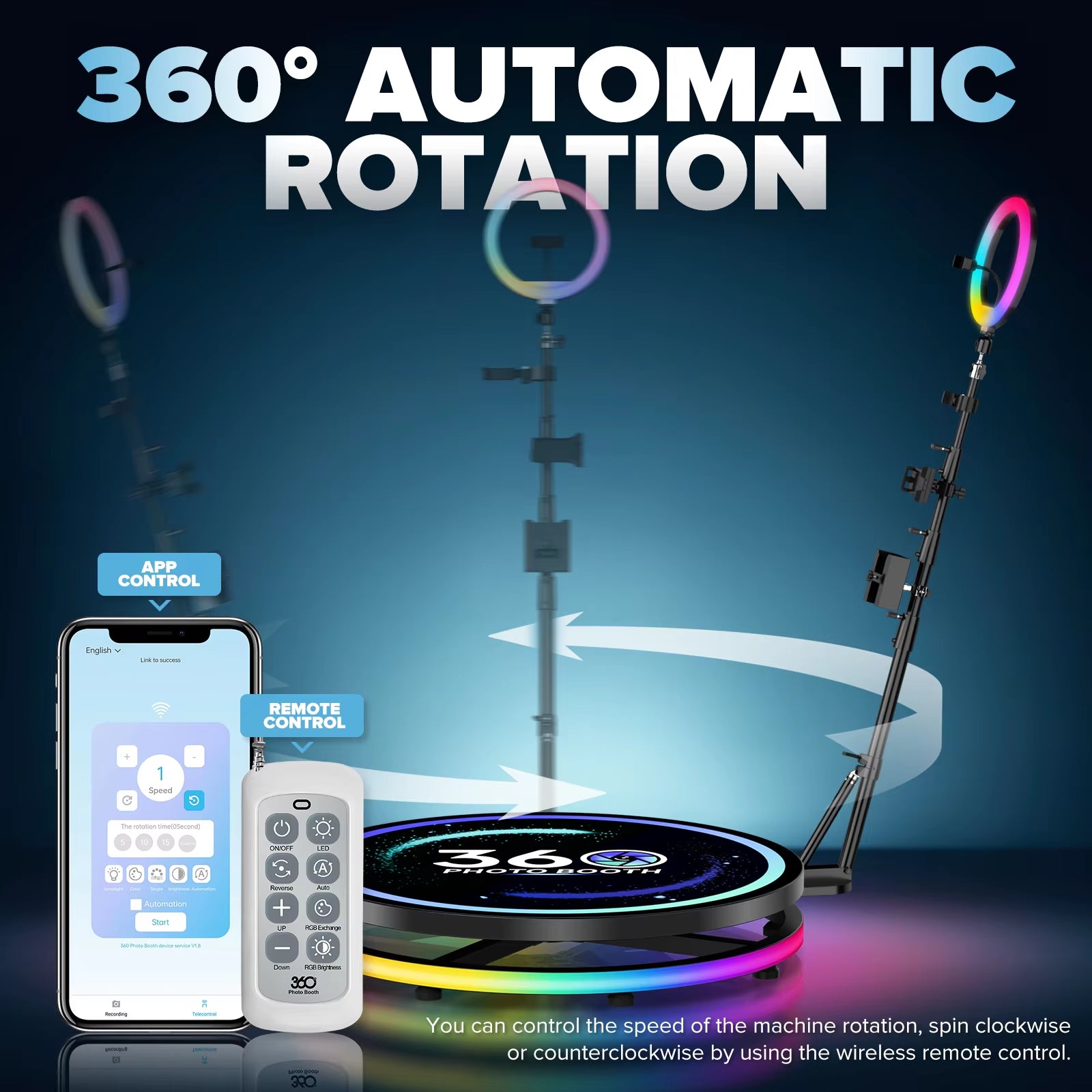 Rotating 360 Photo Booth Machine Selfie Stand Free Customize Logo with RGB Light App Remote Control for Parties Events with Case