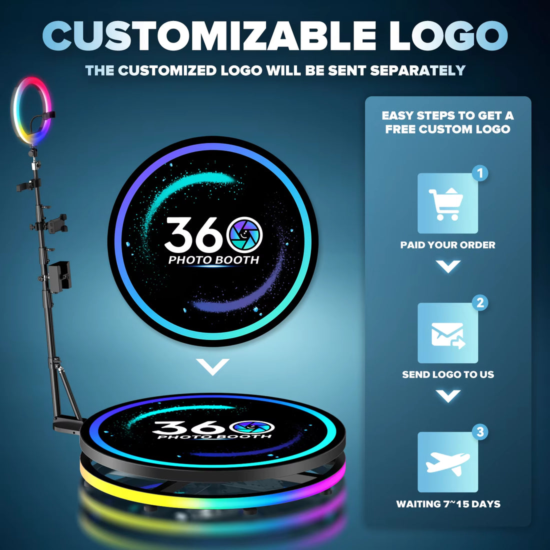 Rotating 360 Photo Booth Machine Selfie Stand Free Customize Logo with RGB Light App Remote Control for Parties Events with Case