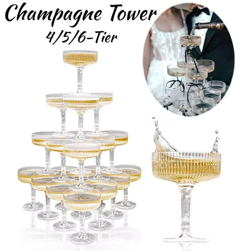 Spiral acrylic champagne flute holder displaying champagne drinks in a modern, elegant arrangement.