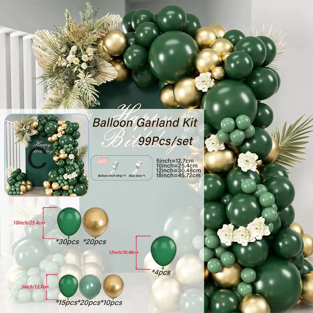 99 Pcs Dark Green and Golden Avocado Latex Balloons Garland Arch Kit for Baby Shower Birthday Gender Reveal Party Decorations