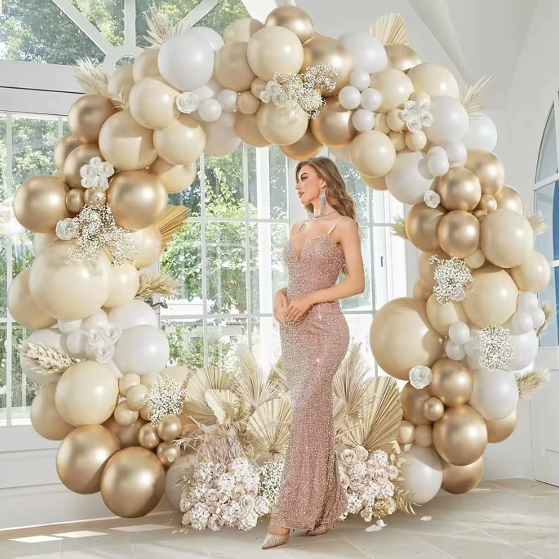 110Pcs Sand White and Gold Balloon Garland Arch Kit for Bridal Wedding Engagement Anniversary Baptism Birthday Party Decorations
