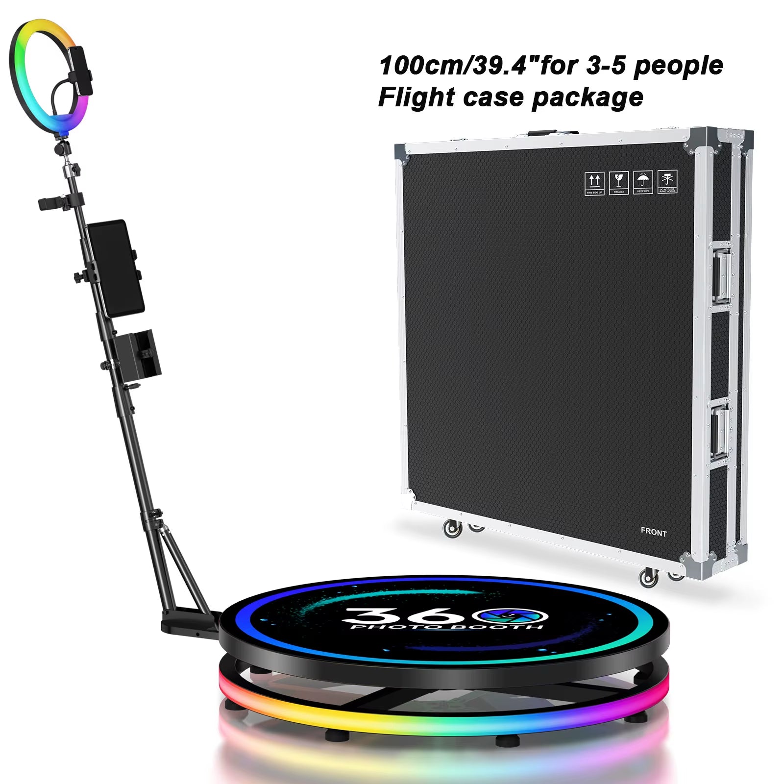 Rotating 360 Photo Booth Machine Selfie Stand Free Customize Logo with RGB Light App Remote Control for Parties Events with Case