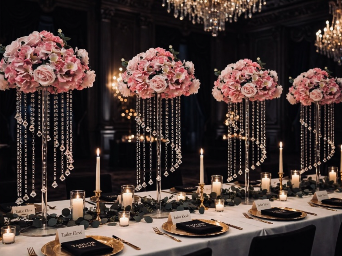 Tailor Elevé - The Crystal Cascade Chandelier Stand | Luxury Acrylic Tall Centerpiece Vase|Transparent Diamond Drapes