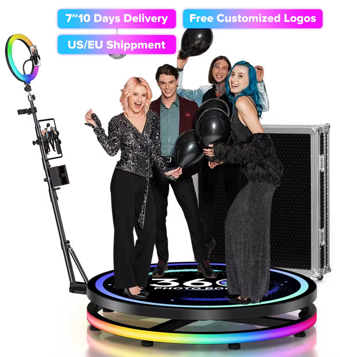 Rotating 360 Photo Booth Machine Selfie Stand Free Customize Logo with RGB Light App Remote Control for Parties Events with Case